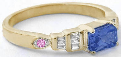 0.82 ctw Natural Blue Sapphire, Pink Sapphire and Baguette Diamond Ring in 14k yellow gold