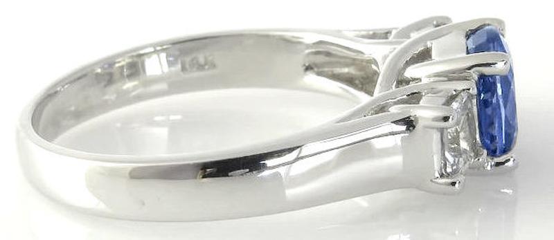 Natural Cornflower Blue Sapphire and Princess White Sapphire Three Stone Ring in 14k White Gold for sale