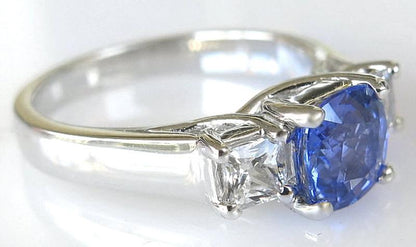 Natural Cushion Blue Sapphire and Princess White Sapphire Three Stone Ring in 14k White Gold for sale