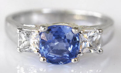 Natural Blue and White Sapphire Three Stone Ring in 14k White Gold for sale