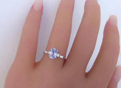 Oval Ceylon blue sapphire and diamond ring in 14k white gold