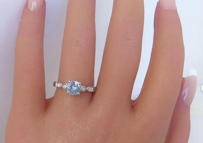 Petite Ceylon Round Natural Light Blue Sapphire and Diamond Ring in 14k white gold