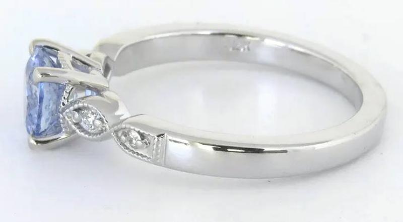 Petite Ceylon Round Natural Light Blue Sapphire and Diamond Ring in 14k white gold, Vintage styled