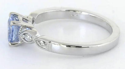 Petite Ceylon Round Natural Light Blue Sapphire and Diamond Ring in 14k white gold, Vintage styled