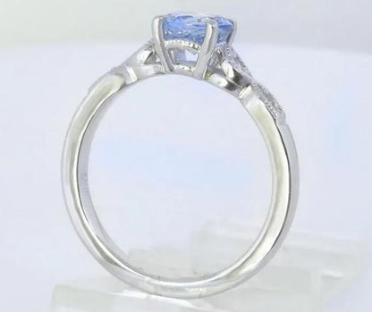 Petite Ceylon Round Natural Periwinkle Blue Sapphire and Diamond Ring in 14k white gold, Antique styled