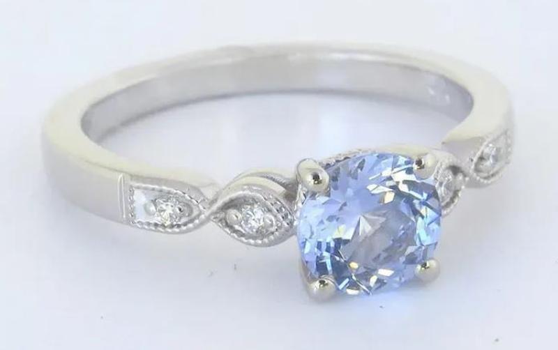 Natural Light Blue Sapphire Ring with Millgrain 14k white gold setting, Vintage design