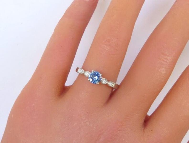Petite Blue sapphire ring- vintage design in 14k white gold