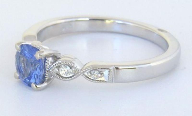 Natural blue sapphire ring- petite ring with antique design in 14k white gold