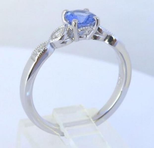 Blue sapphire and diamond ring- petite ring with vintage styling in 14k white gold