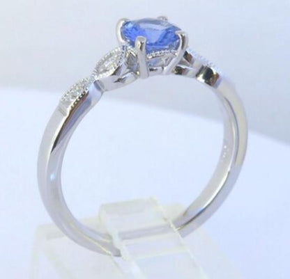 Blue sapphire and diamond ring- petite ring with vintage styling in 14k white gold
