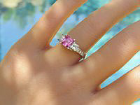 Pink Sapphire Engagement Ring - Princess Cut with Princess Cut Side Diamonds in Three Stone 14k white gold setting