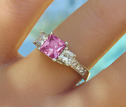 Pink Sapphire Three Stone Engagement Ring - Princess Cut with Princess Cut Side Diamonds in a 14k white gold setting