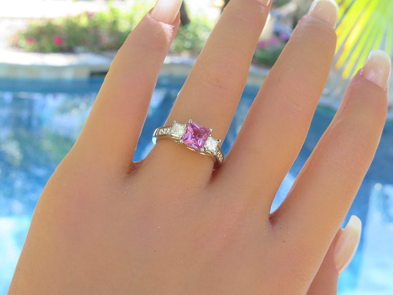 Natural Pink Sapphire Engagement Ring - Princess Cut with Princess Cut Side Diamonds in a 14k white gold setting