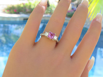 Natural Pink Sapphire Engagement Ring - Princess Cut with Princess Cut Side Diamonds in a 14k white gold setting