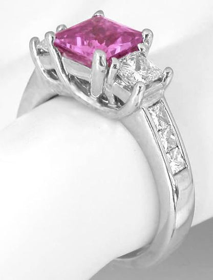 Princess Cut Natural Pink Sapphire and Princess Diamond Three Stone Engagement Ring in a solid 14k white gold band for sale