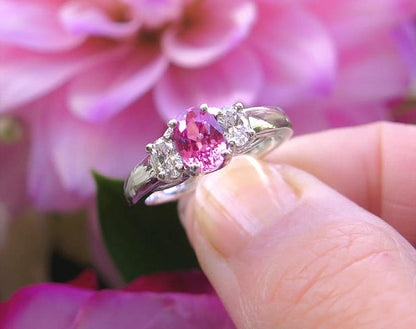 Natural sapphire three stone wedding ring with real oval side diamonds in a 14k white gold setting