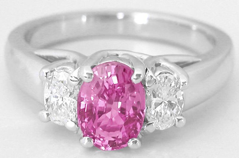 Natural oval sapphire three stone engagement ring with real oval diamonds 14k white gold for sale