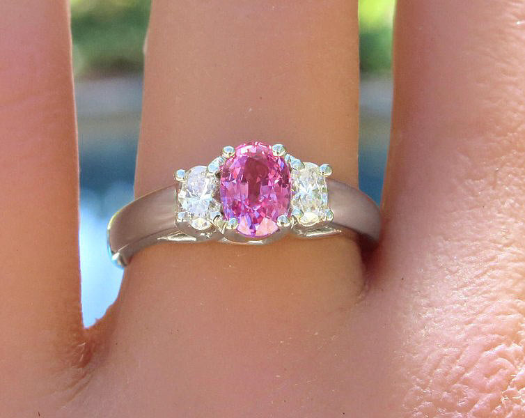 Natural oval pink sapphire three stone ring with real oval diamonds in a 14k white gold