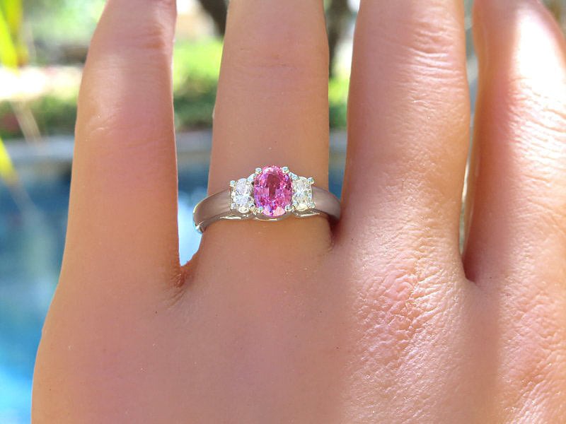Natural pink sapphire ring with oval diamonds in 14k white gold