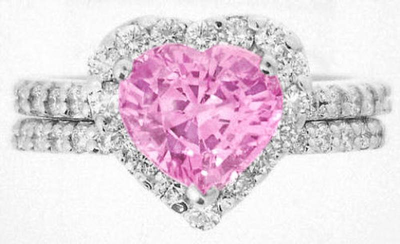 Heart Pink Sapphire Engagement Ring and Band in 14k white gold