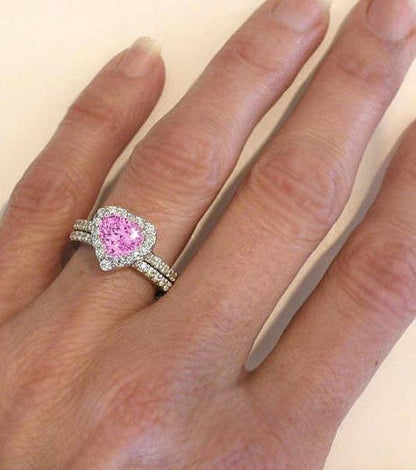 Heart Pink Sapphire Engagement Ring and Band in 14k white gold