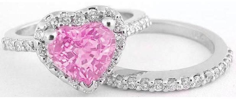 Heart Pink Sapphire Engagement Ring and Band in 14k white gold