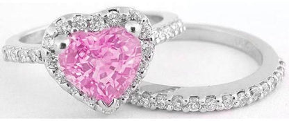 Heart Pink Sapphire Engagement Ring and Band in 14k white gold