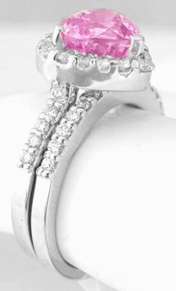Heart Pink Sapphire Engagement Ring and Band in 14k white gold