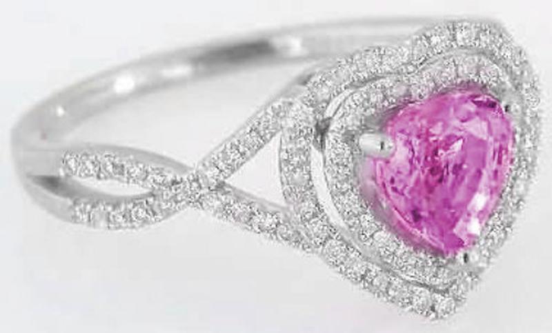 Heart Shape Pink Sapphire Ring with Diamond Halo in 14k white gold