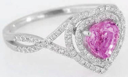 Heart Shape Pink Sapphire Ring with Diamond Halo in 14k white gold