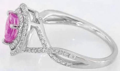 Heart Shape Pink Sapphire Ring with Double Diamond Halo in 14k white gold
