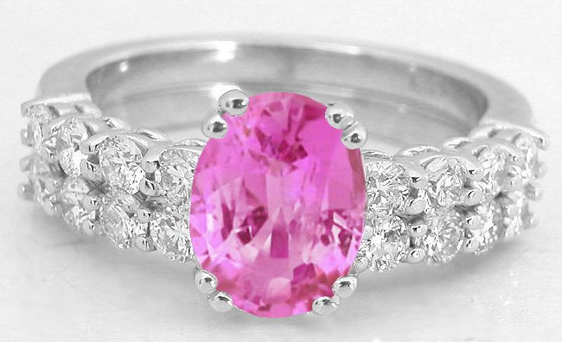 Fine Pink Sapphire Diamond Engagement Ring with Matching Band
