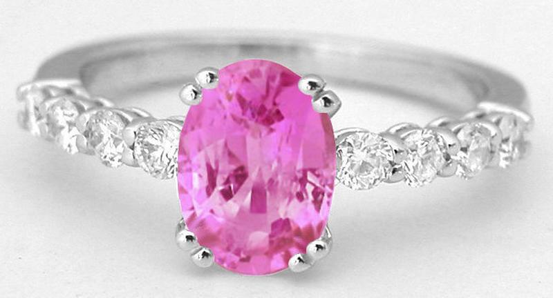 Natural Oval Pink Sapphire Ring with Diamonds in 14k white gold