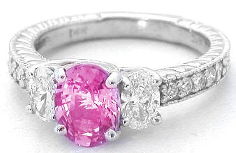 Oval Natural Pink Sapphire and Oval Diamond Three Stone Ring in 14k white gold for sale