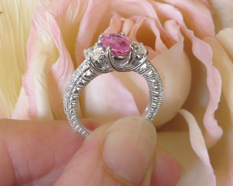 Oval Natural Pink Sapphire and Genuine Oval Diamond Three Stone Engagement Ring in real 14k white gold