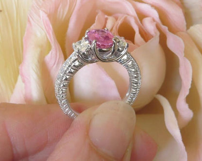 Oval Natural Pink Sapphire and Genuine Oval Diamond Three Stone Engagement Ring in real 14k white gold