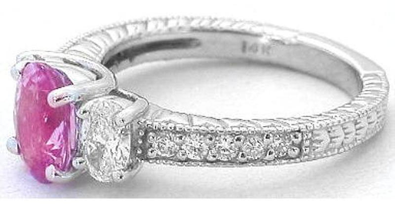 Fine Pink Sapphire Three Stone Ring with Oval Diamonds in 14k white gold