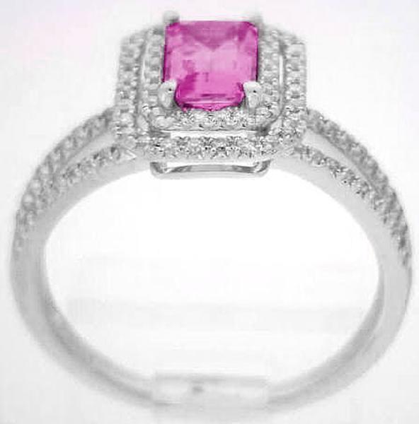 A silver-toned ring featuring a rectangular pink gemstone in a halo setting with a matching band paved with small clear stones, shown on a plain light background.