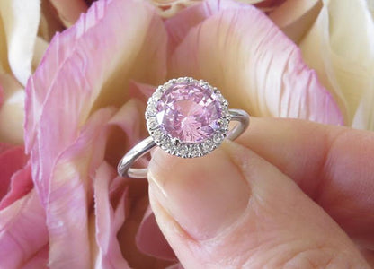 Large Natural Round Light Pink Sapphire Wedding Ring with real diamonds in 14k white gold for sale