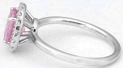 Large Natural Light Pink Sapphire Ring - Real Diamond Halo in skinny 14k white gold band