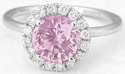 Large Natural Light Pink Sapphire Ring - Real Diamond Halo in skinny 14k white gold band