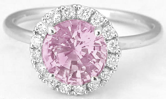 Large Natural Light Pink Sapphire Ring - Real Diamond Halo in skinny 14k white gold band