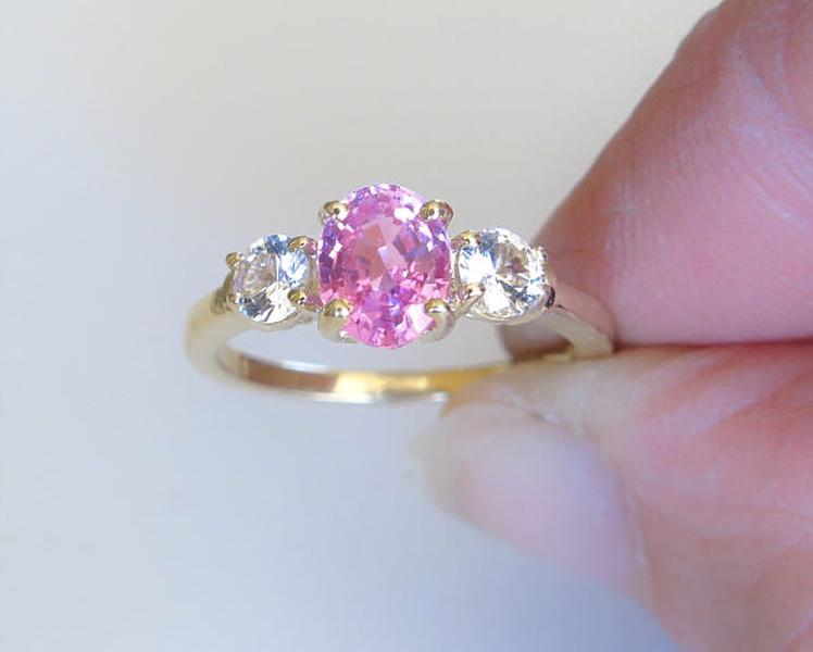 Oval Natural Pink and White Sapphire Three Stone Ring