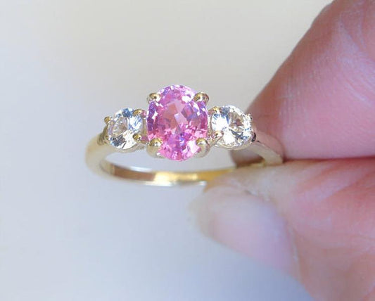 Oval Natural Pink and White Sapphire Three Stone Ring