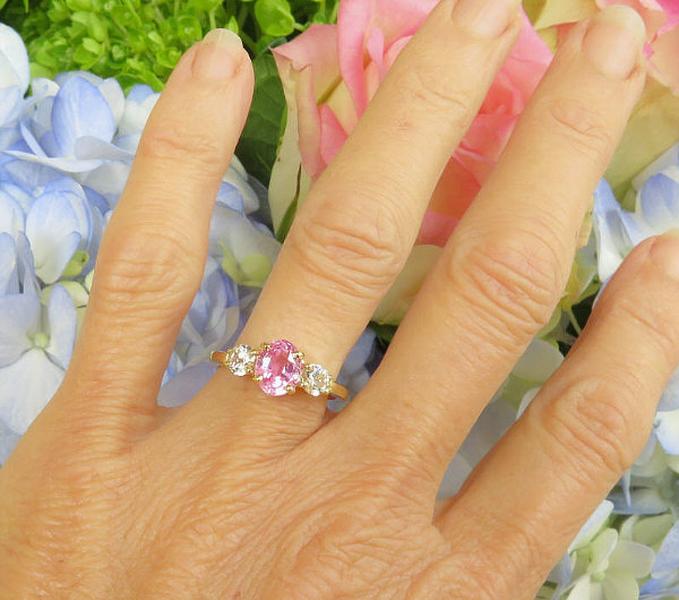 Oval Natural Pink and White Sapphire Three Stone Ring in 14k yellow gold for sale