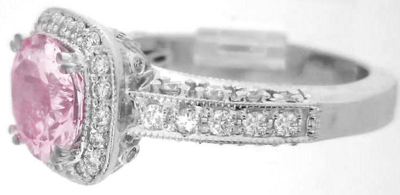 One of a Kind Antique Style Natural Light Pink Sapphire and Diamond Ring in 14k white gold