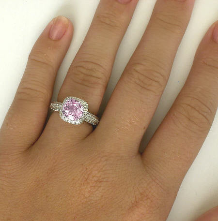 Natural Light Pink Sapphire and Diamond Halo Antique Style Ring in 14k white gold
