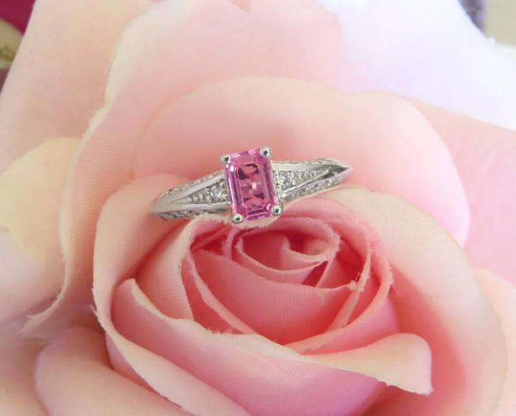 Natural 6x4mm Emerald Cut Pink Sapphire and Diamond Ring set in 14k white for sale