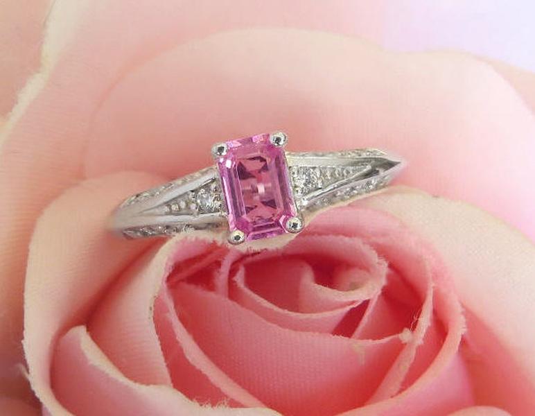Elegant Petite Emerald Cut Natural Pink Sapphire and Diamond Ring in 14k white gold