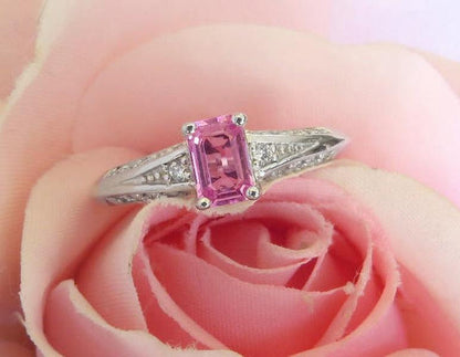 Elegant Petite Emerald Cut Natural Pink Sapphire and Diamond Ring in 14k white gold